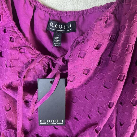 Eloquii Fuscia Eyelet Lace Tiered Dress Cotton  Puff Sleeve Peasant S 22 NWT - Picture 5 of 13